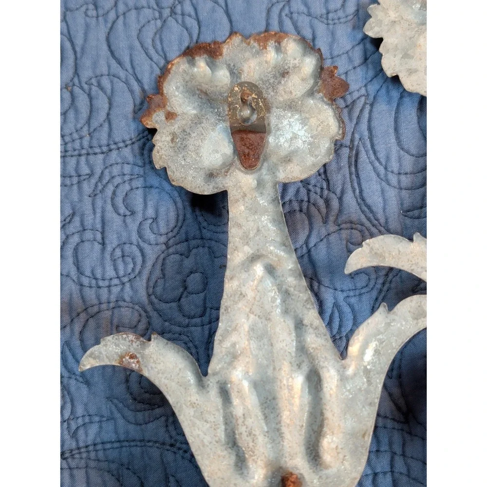 Vintage Embossed Tin Wall Hooks Pair Floral French Country Farmhouse Shabby Chic